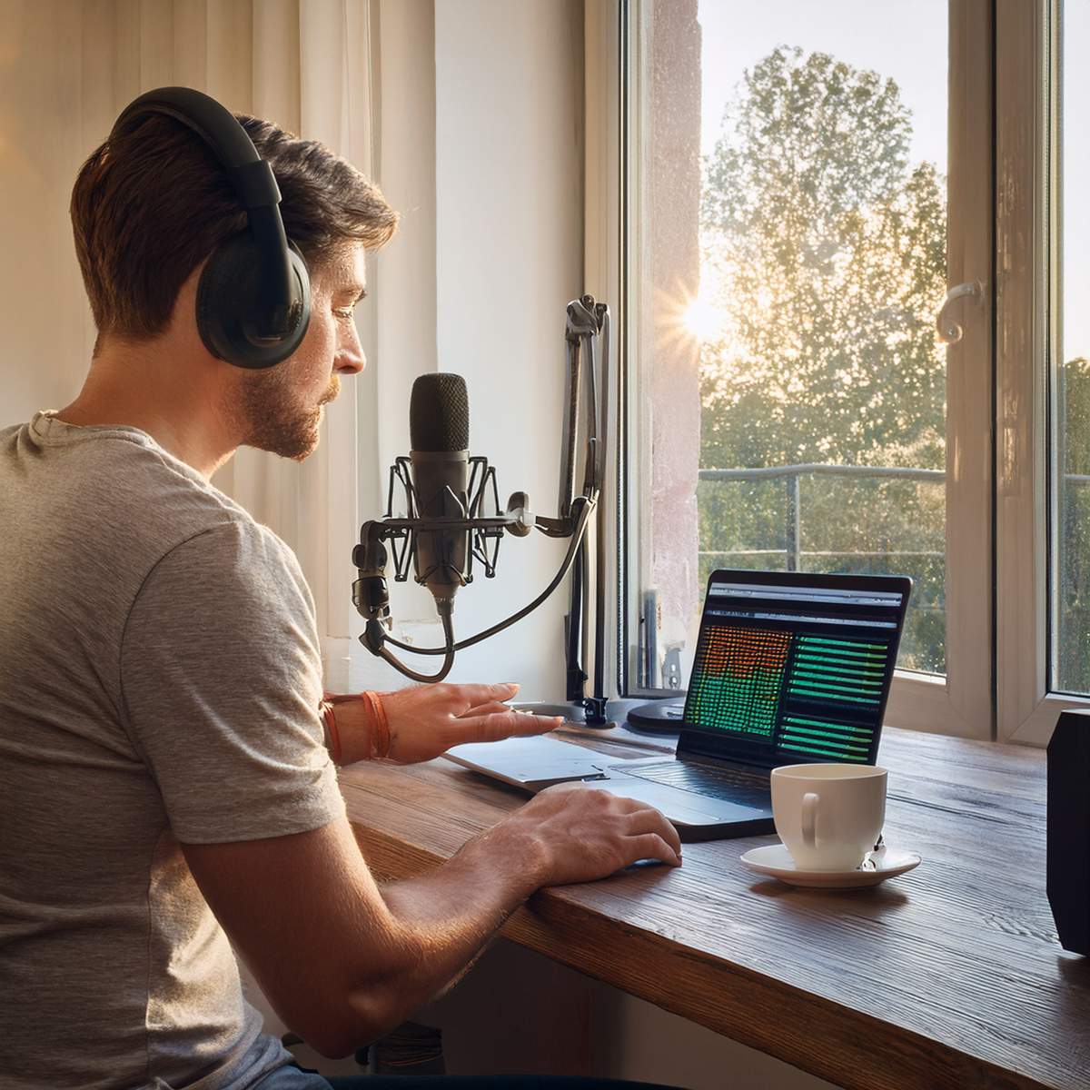 Creator recording a talking head video in a studio setup